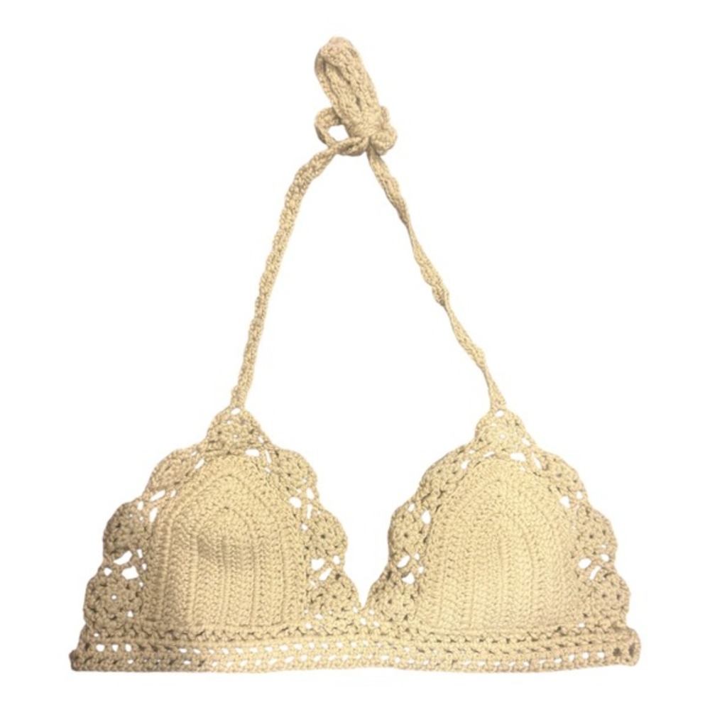 ASOS DESIGN Cream Crochet Halter Bikini Top Scalloped Boho Festival Size S (4-6) - Picture 2 of 4